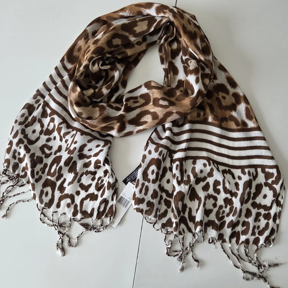 NWT Jones New York‎ Sheer Gauze Leopard Print Striped Scarf 20×73